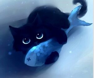 Pic: Cute Black Cat with Fish