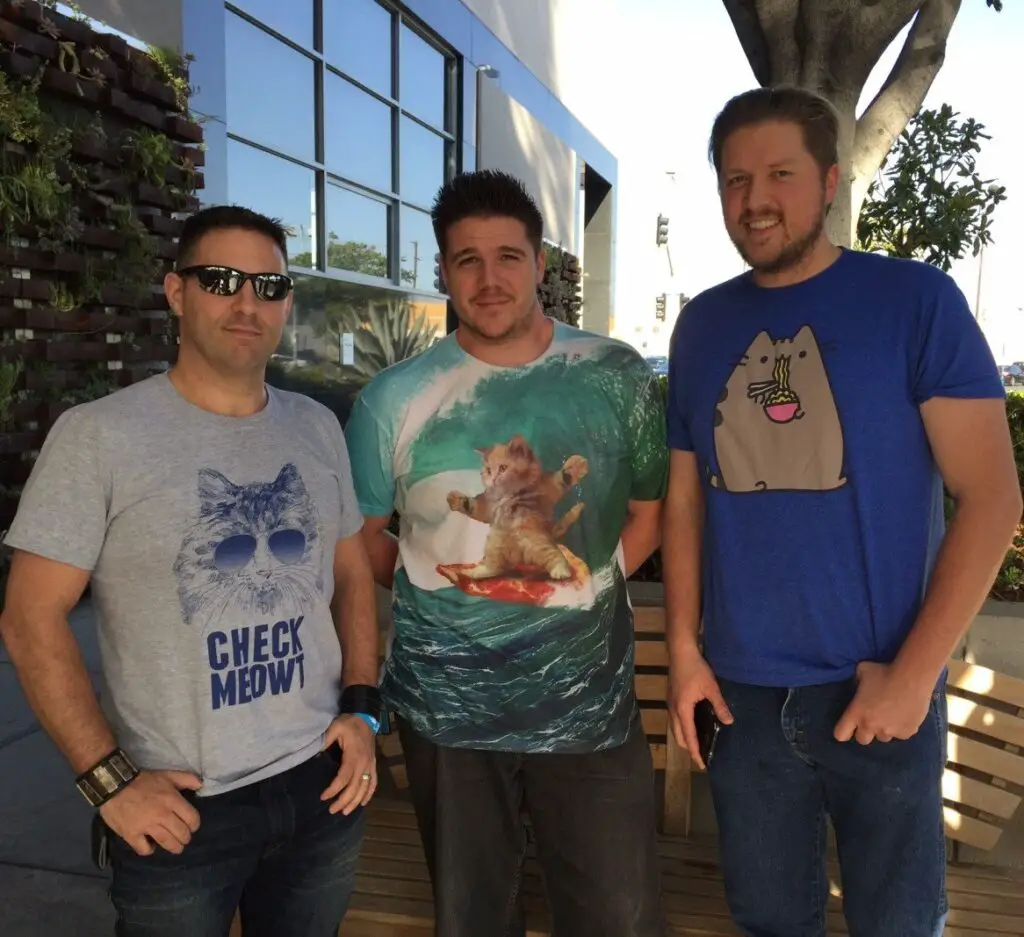 Real Men Love Cats: Bernie, Dave and Derek showing off their best cat T's.