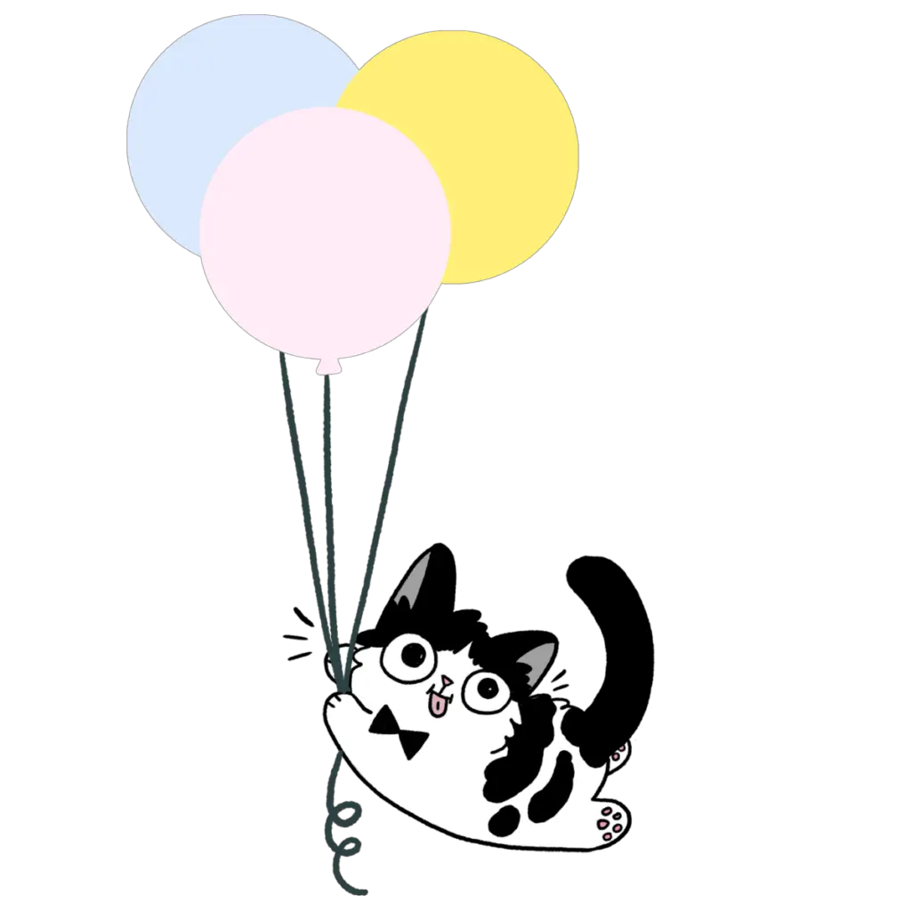 cat flying away with balloons