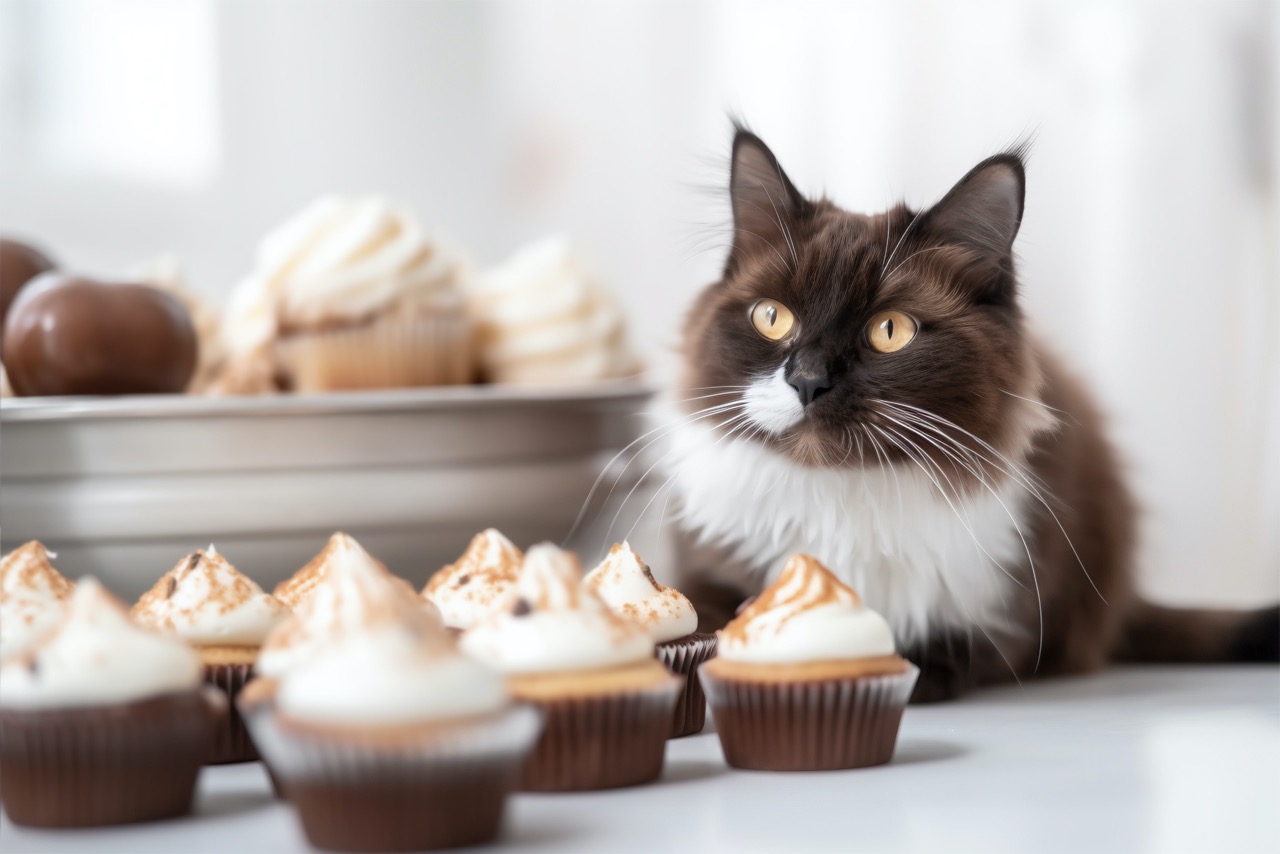Domestic cat looking at cupcakes.